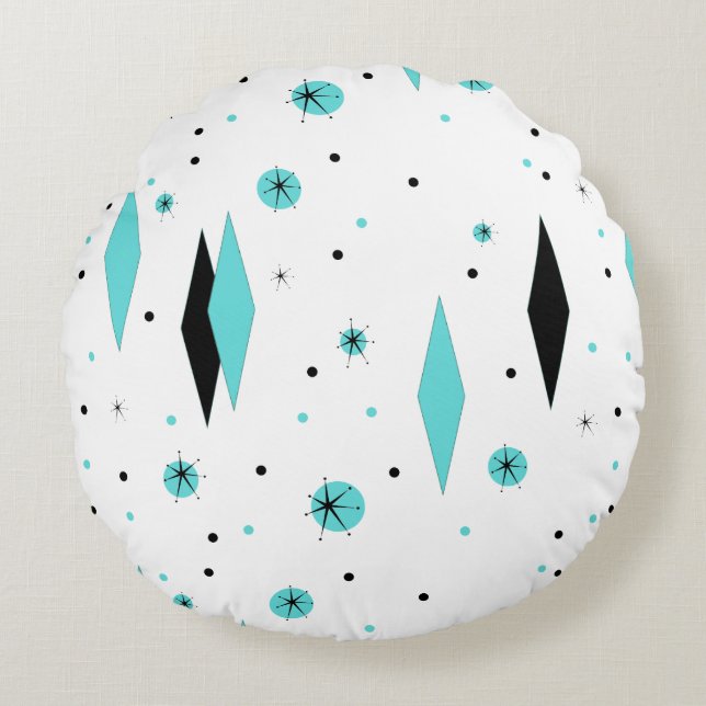 Retro Turquoise Diamanten & Sternexplosionen Rundk Rundes Kissen (Vorderseite)