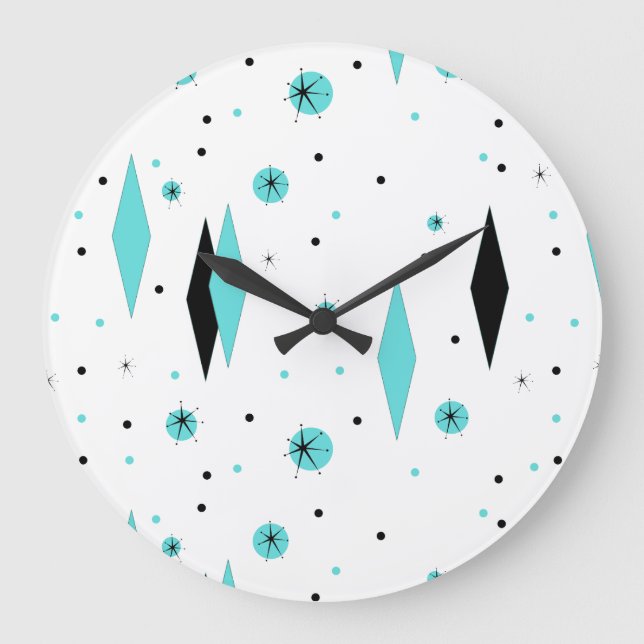 Retro-Turquoise Diamanten und Sternexplosionen-Wan Große Wanduhr (Vorderseite)