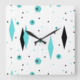 Retro-Turquoise Diamanten und Sternexplosionen-Wan Quadratische Wanduhr
