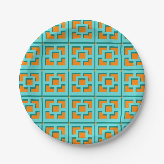 Retro Turquoise und Orange Trellis Papierplatte Pappteller (Vorderseite)