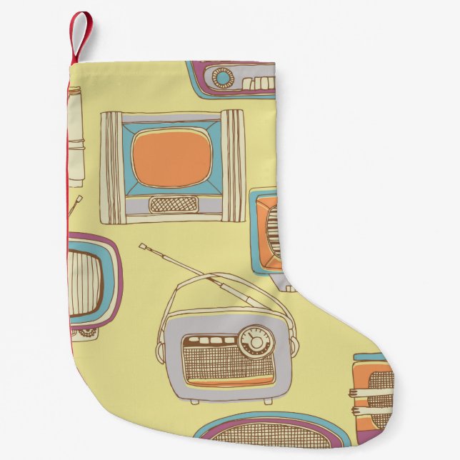Retro-TV und Radio. Nahtloses Muster Kleiner Weihnachtsstrumpf (Vorderseite)