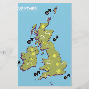 Retro-TV-Wetterkarte der Britischen Inseln. Briefpapier