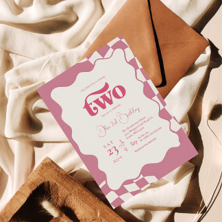 Retro Two Groovy Pink Checkered 2nd Birthday Einladung