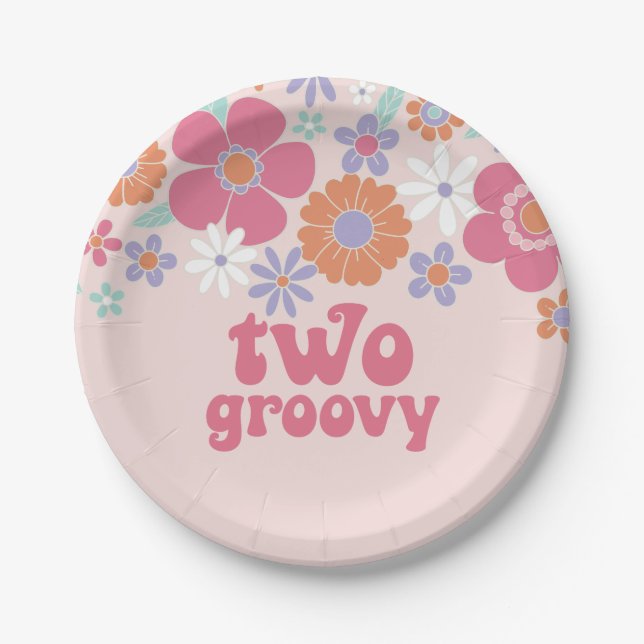 Retro Two Groovy Pink Floral Pappteller (Vorderseite)