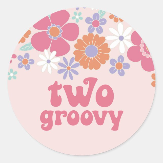 Retro Two Groovy Pink Floral Runder Aufkleber (Vorderseite)