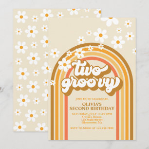 Retro Two GroovY Rainbow Brown Orange Birthday Einladung