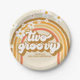 Retro Two GroovY Rainbow Brown Orange Birthday Pappteller