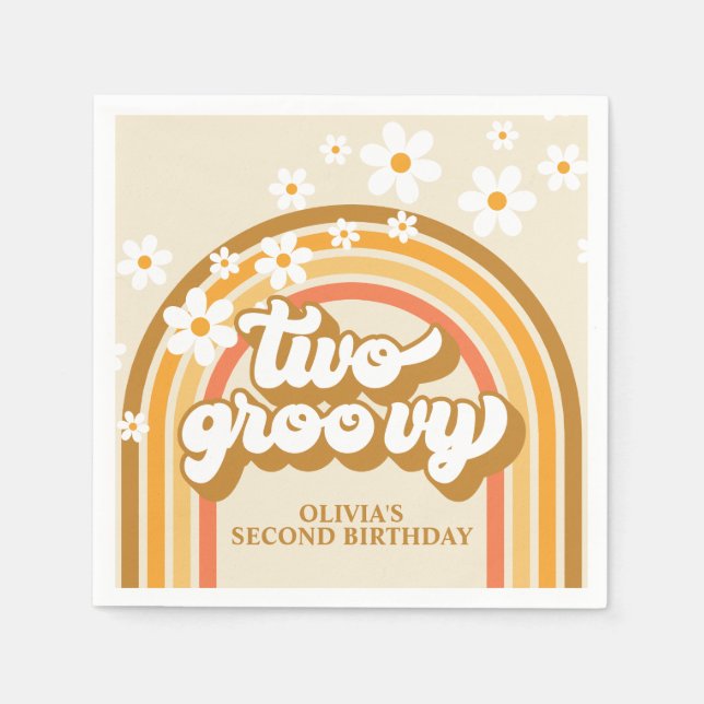 Retro Two GroovY Rainbow Brown Orange Birthday Serviette (Vorderseite)