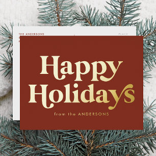 Retro-Typ Happy Holidays Nicht-Foto Braun und Gold Folien Feiertagspostkarte