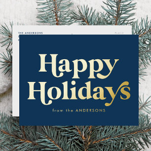 Retro-Typ Happy Holidays Nicht-Photo Marineblau un Folien Feiertagspostkarte