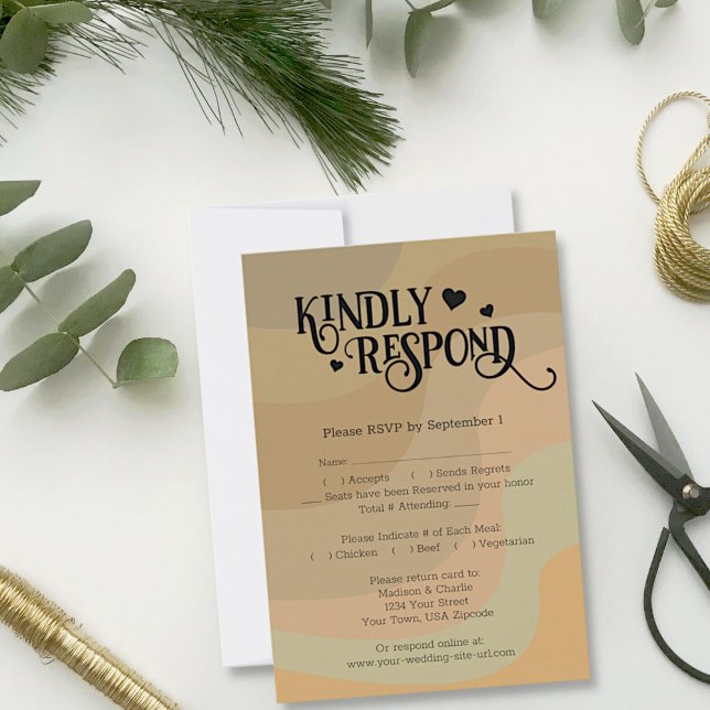 Retro Type Earthtone Stripes Moderne Hochzeit RSVP Karte (In Situ with Envelope)