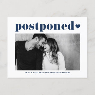 Retro Typografie Blue Foto Wedding Postponement Ankündigungspostkarte