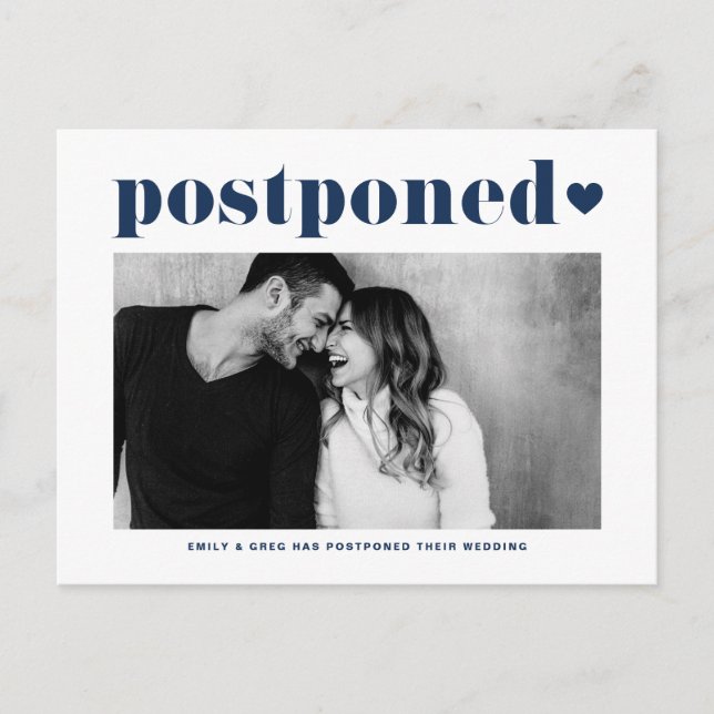 Retro Typografie Blue Foto Wedding Postponement Ankündigungspostkarte (Vorderseite)