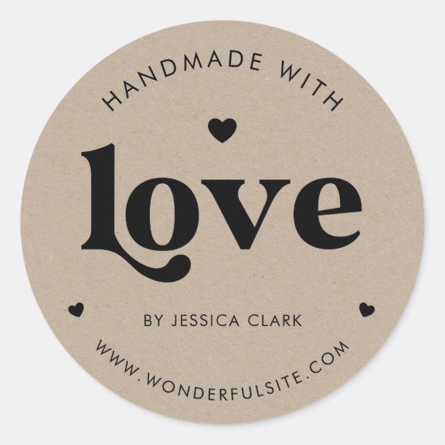 Retro Typografie Handgefertigt mit Liebe Heart Kra Runder Aufkleber (Vorderseite)