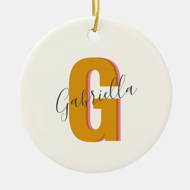 Retro Typografie Monogramm Anfangsname in Gelb Keramik Ornament (Vorne)