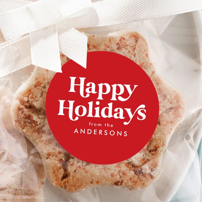 Retro Typografie Red Happy Holidays Runder Aufkleber (Von Creator hochgeladen)