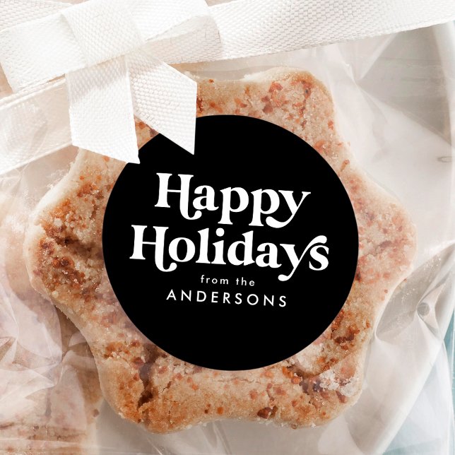 Retro Typografie Schwarz-Weiß-Happy Holidays Runder Aufkleber (Von Creator hochgeladen)