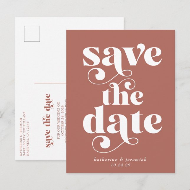 Retro Typografie Terracotta Wedding Save the Date Ankündigungspostkarte (Vorne/Hinten)