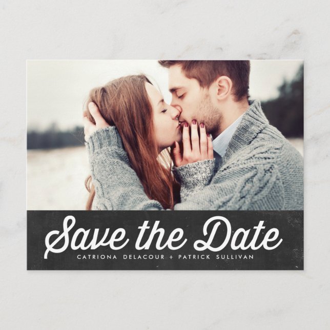Retro Typografy Chalkboard Save the Date Foto Ankündigungspostkarte (Vorderseite)
