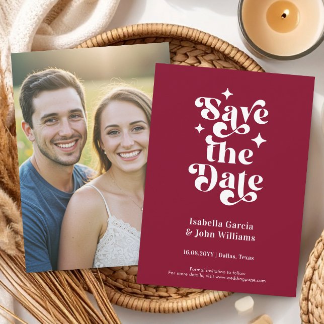 Retro Typography Photo Wedding Save The Date Ankündigung (The front and back of the announcement is shown in 4.5 x 6.25 in. Choose size, corner + paper style.)