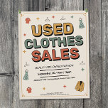 Retro Typography - Used Clothes Sales Flyer<br><div class="desc">A vintage-inspired advertising flyer for a used clothes sales featuring bold retro typography,  colorful graphic elements and illustrated clothing items like floral dress,  shirts,  and jacket in warm tones.</div>