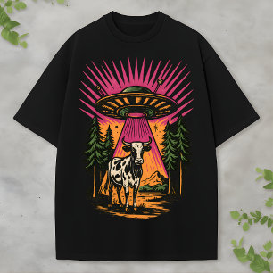 Retro-UFO-Kuh-Alien-Wald-Szene Lustiges Sci-Fi T-Shirt