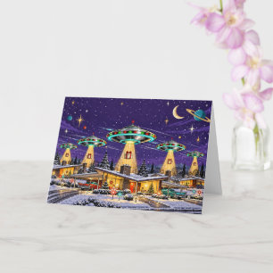 Retro-UFO-Weihnachtskarte, fliegende Untertassen Karte