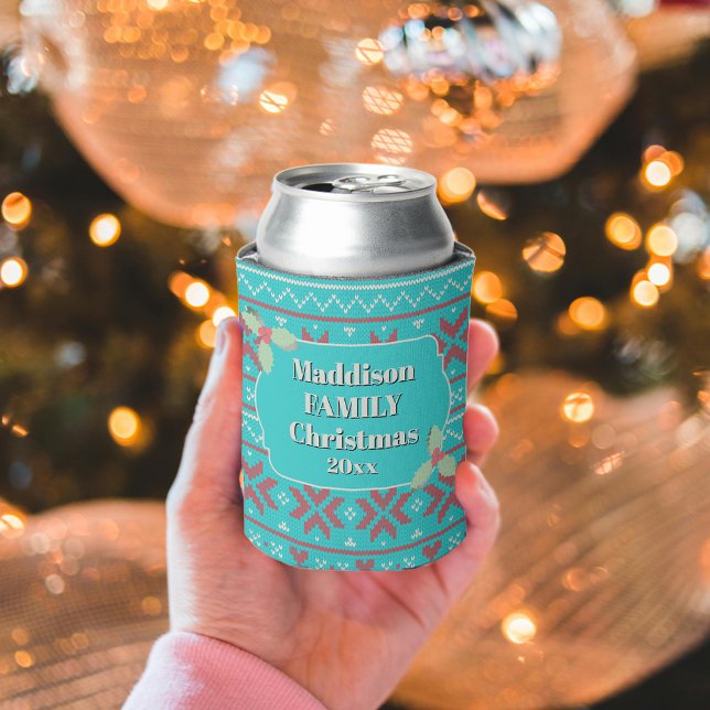 Retro Ugly Christmas Sweater Blue Red Holly Dosenkühler (Von Creator hochgeladen)