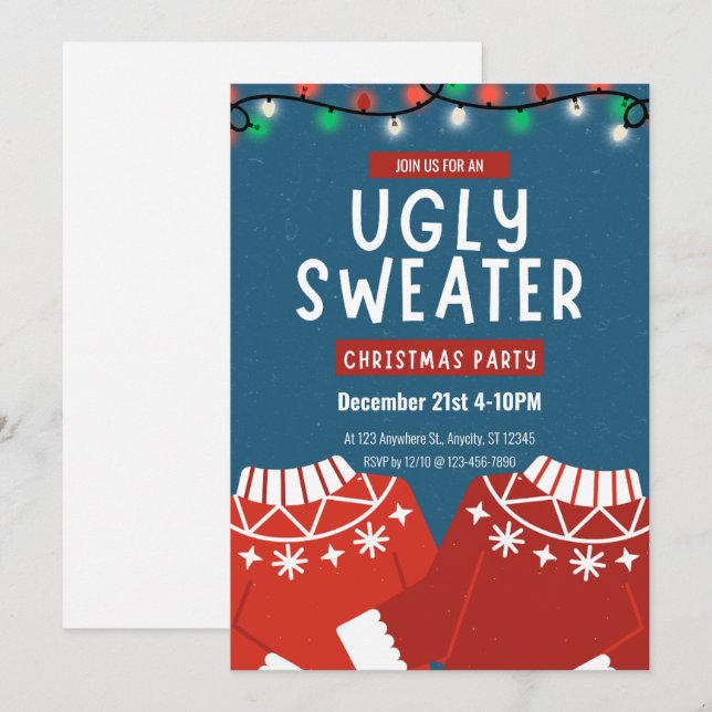Retro Ugly Sweater Christmas Party Einladung (Vorne/Hinten)