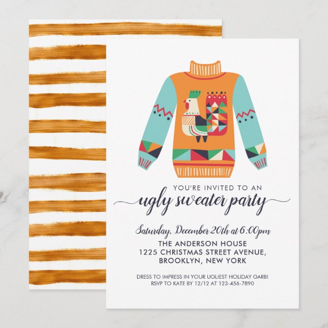 Retro Ugly Sweater Rustic Chicken Weihnachtsgebäck Einladung (Vorne/Hinten)
