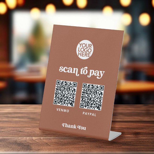 Retro und Boho | Zwei Möglichkeiten, Scannable QR  Sockelschild (A pedestal sign with two contactless ways to pay)