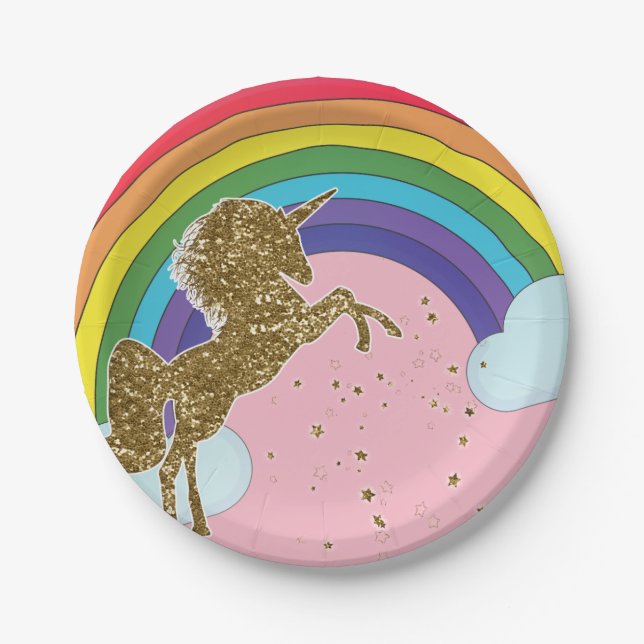 Retro Unicorn Rainbow & Gold Stars Geburtstagspart Pappteller (Vorderseite)
