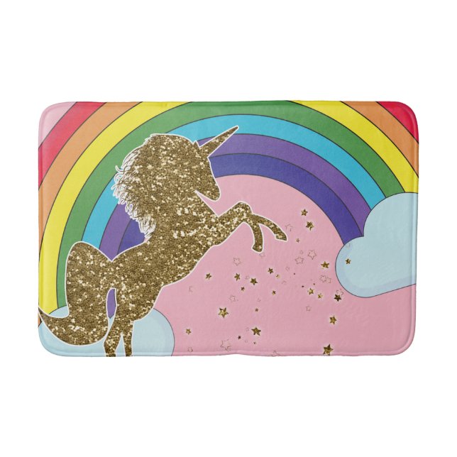Retro Unicorn Rainbow & Gold Stars Girls Badematte (Vorderseite)