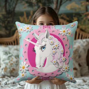 Retro Unicorns und Daisis Muster auf blau Kissen