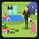 Retro Urban Weihnachtskittel Stickers<br><div class="desc">Diese Retro Urban Weihnachtskaffee Stickers verfügen über den Cartoon eines eleganten Penthouse-Appartements, das alle für die Ferien dekoriert ist, mit vielen bunten Weihnachtslichtern und einem kitschigen, rosa, weihnachtlichen Baum mit aquamarinen Ornamenten und einem gelben Stern. Die Wohnung verfügt über einen grünen Fußboden und eine grüne Ziegelmauer. An der Wand sind...</div>
