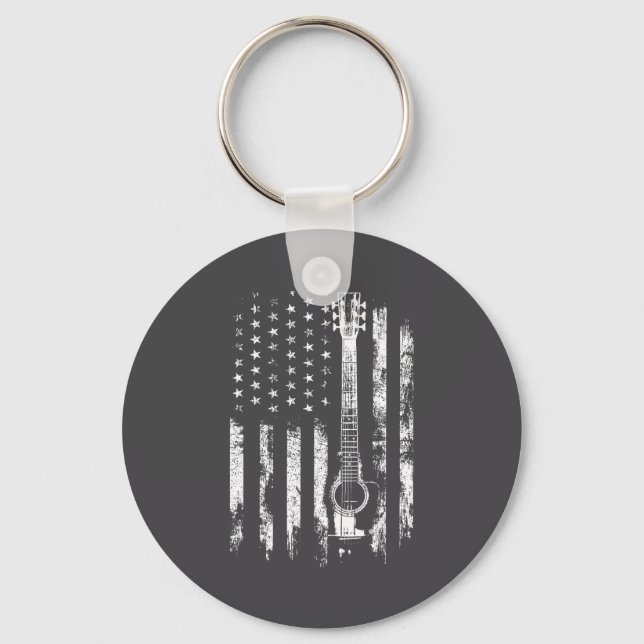 Retro Us Flag Acoustic Guitar Distressed Patriotic Schlüsselanhänger (Vorderseite)