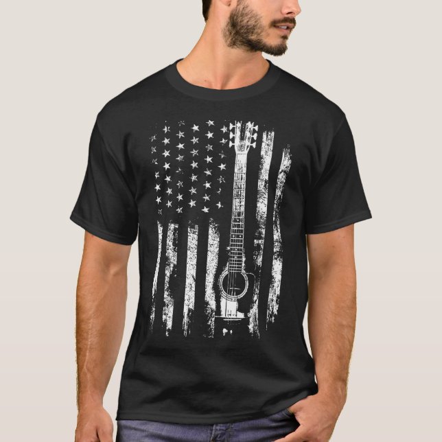 Retro Us Flag Acoustic Guitar Distressed Patriotic T-Shirt (Vorderseite)