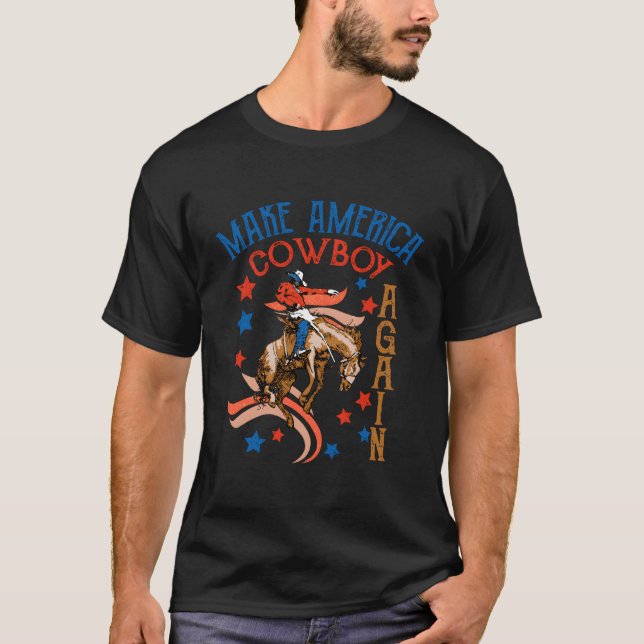 Retro Us Flag Cowboy Bucking Horse 4. Juli Wester T-Shirt (Vorderseite)