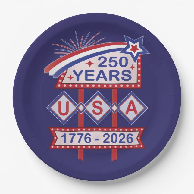 Retro USA 250 Jahre Marquee Sign 1776-2026 Pappteller (Vorderseite)