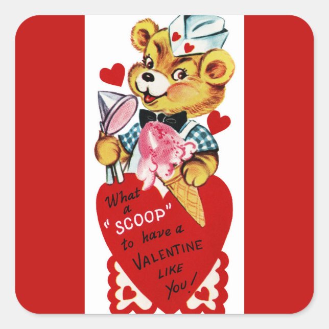 Retro Valentine Bear and Ice Creme Quadratischer Aufkleber (Vorderseite)