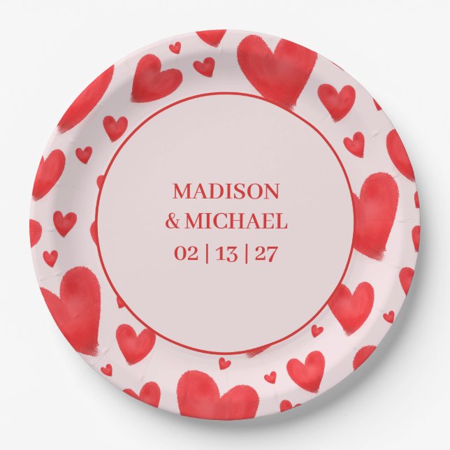 Retro Valentine Hearts Wedding Red Pink Pappteller (Vorderseite)