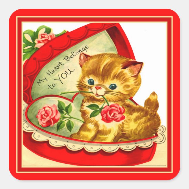 Retro Valentine ~ Kätzchen in einer Box Quadratischer Aufkleber (Vorderseite)