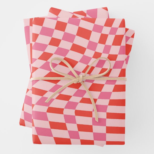Retro Valentine Pink Red Wavy Checkerboard Cute Geschenkpapier Set (Beispiel)