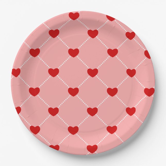retro valentines dots hearts pink red pappteller (Vorderseite)