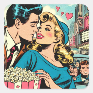 Retro Valentins Liebe Couple Comic Quadratischer Aufkleber