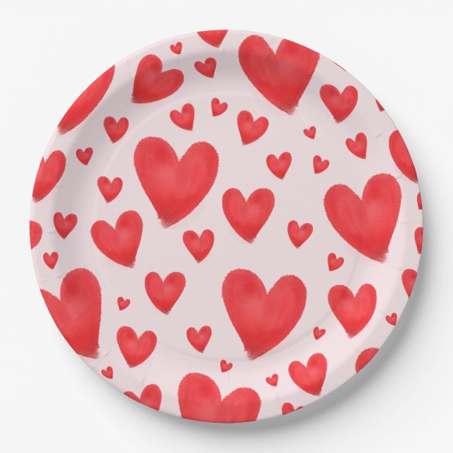 Retro Valentinsherzen Hochzeit Rot Pink Pappteller (Vorderseite)