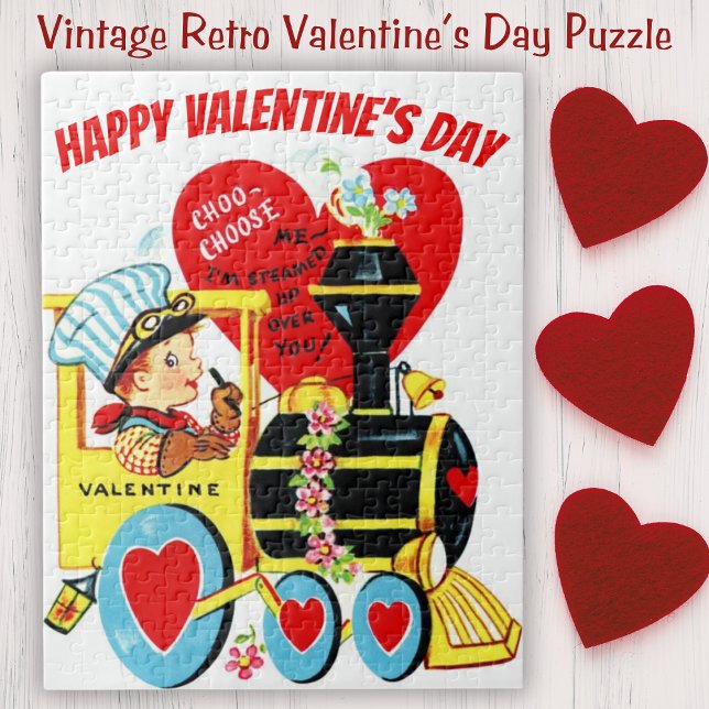 Retro-Valentinstag: Junge auf Zug (Vintage Retro Boy on Train Valentine's Day Jigsaw Puzzle)