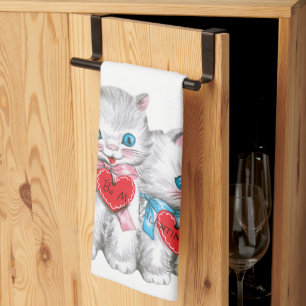 Retro Valentinstag Katzen, Vintage Fluffige Kätzch Geschirrtuch