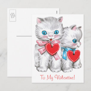 Retro-Valentinstag-Katzen, Vintage-hübsches Kätzch Feiertagspostkarte