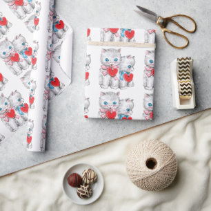 Retro-Valentinstag-Katzen, Vintage-hübsches Kätzch Geschenkpapier